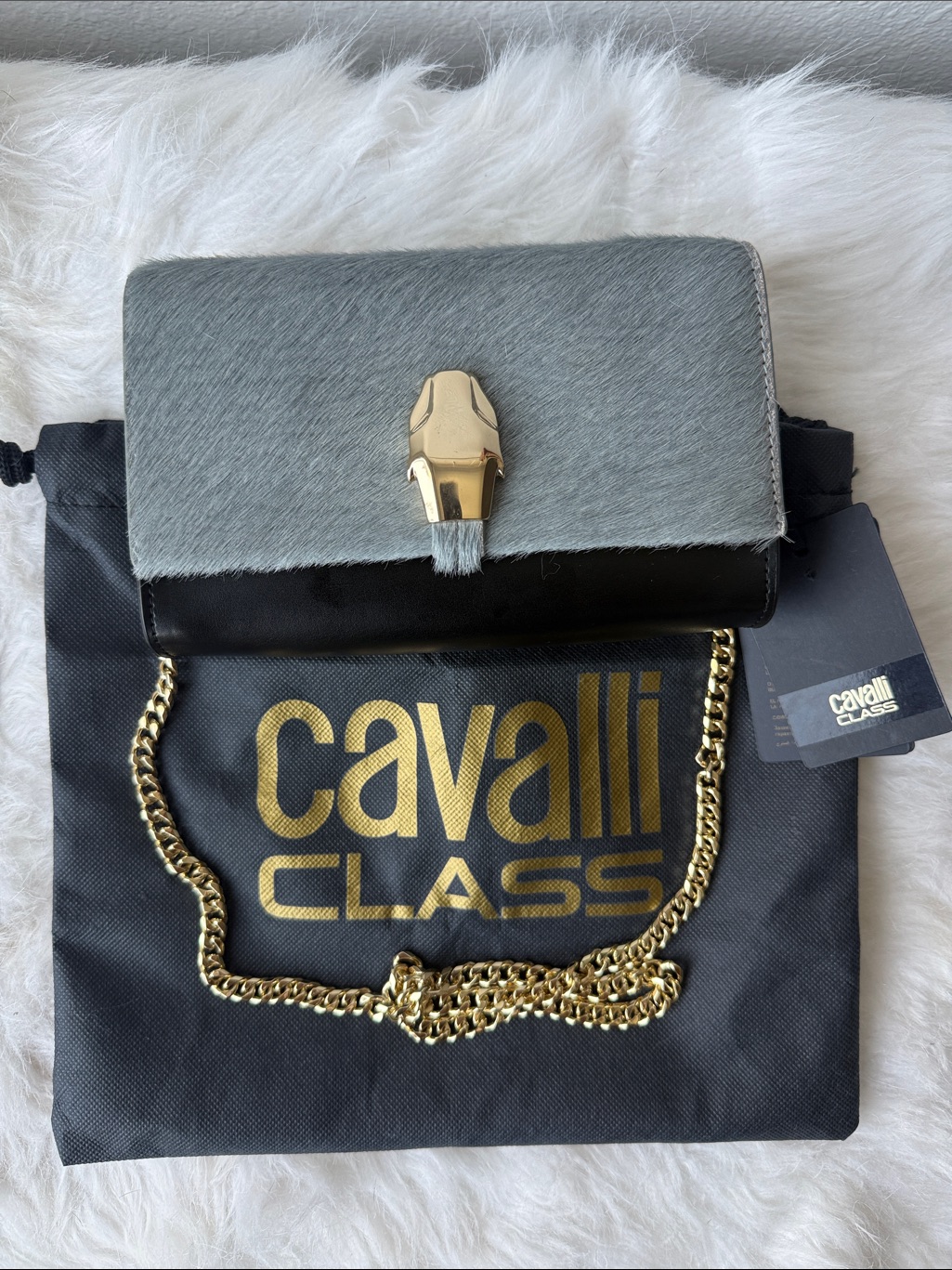 Cavalli Class Gray Haircalf And Black Leather Crossbody With Gold Chain